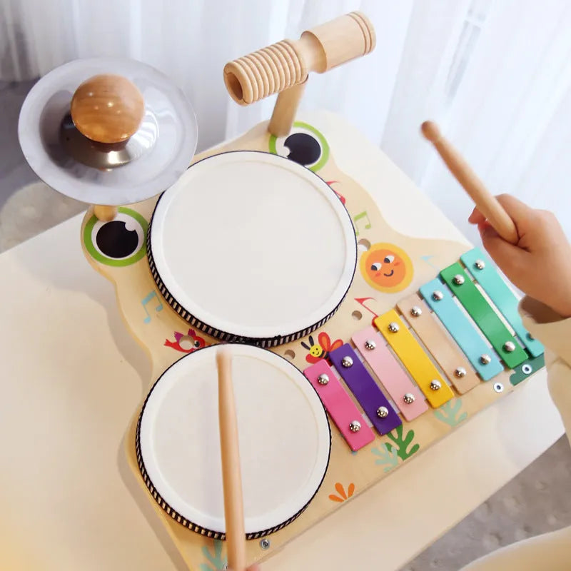 Wooden frog multifunctional drum kit early educational toy set, 33 x 30 x 23cm, in colour box