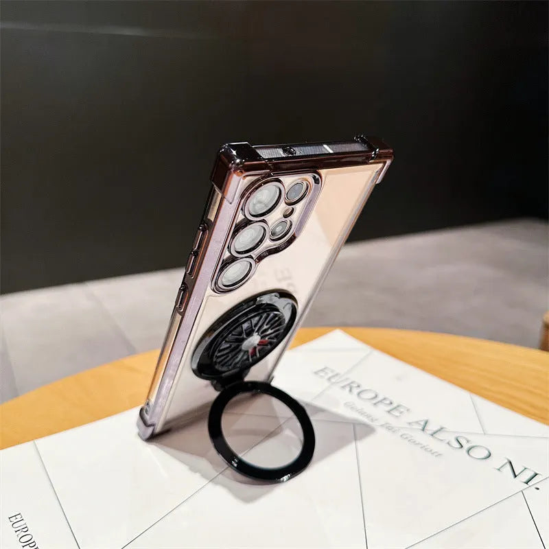 Electroplating four-corner drop-resistant rotating gyro magnetic bracket phone case for Samsung S23 in cool black