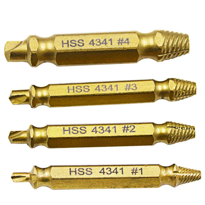 Five-piece 4341 high-speed steel screw extractor set for removing damaged fasteners and nails.