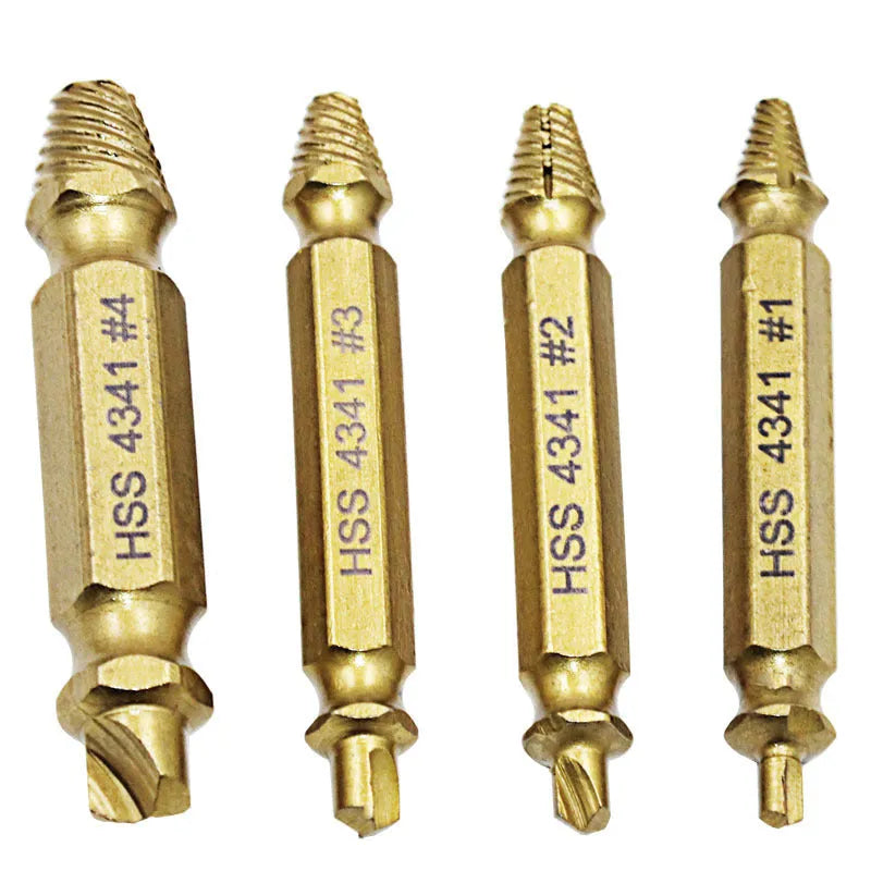 Five-piece 4341 high-speed steel screw extractor set for removing damaged fasteners and nails.