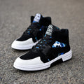 Camouflage high-top lace-up shoe with suede leather upper and non-slip rubber outsole, side view