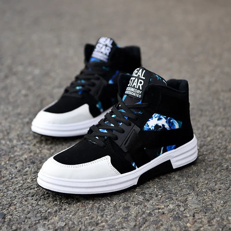 Camouflage high-top lace-up shoe with suede leather upper and non-slip rubber outsole, side view
