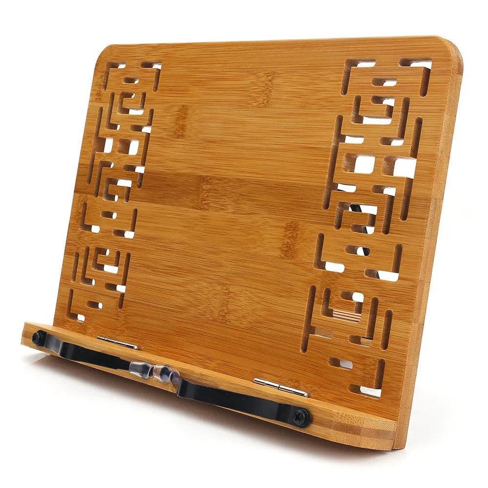 Natural bamboo hollow reading frame on a desk holding an open book in M size with hollow finish