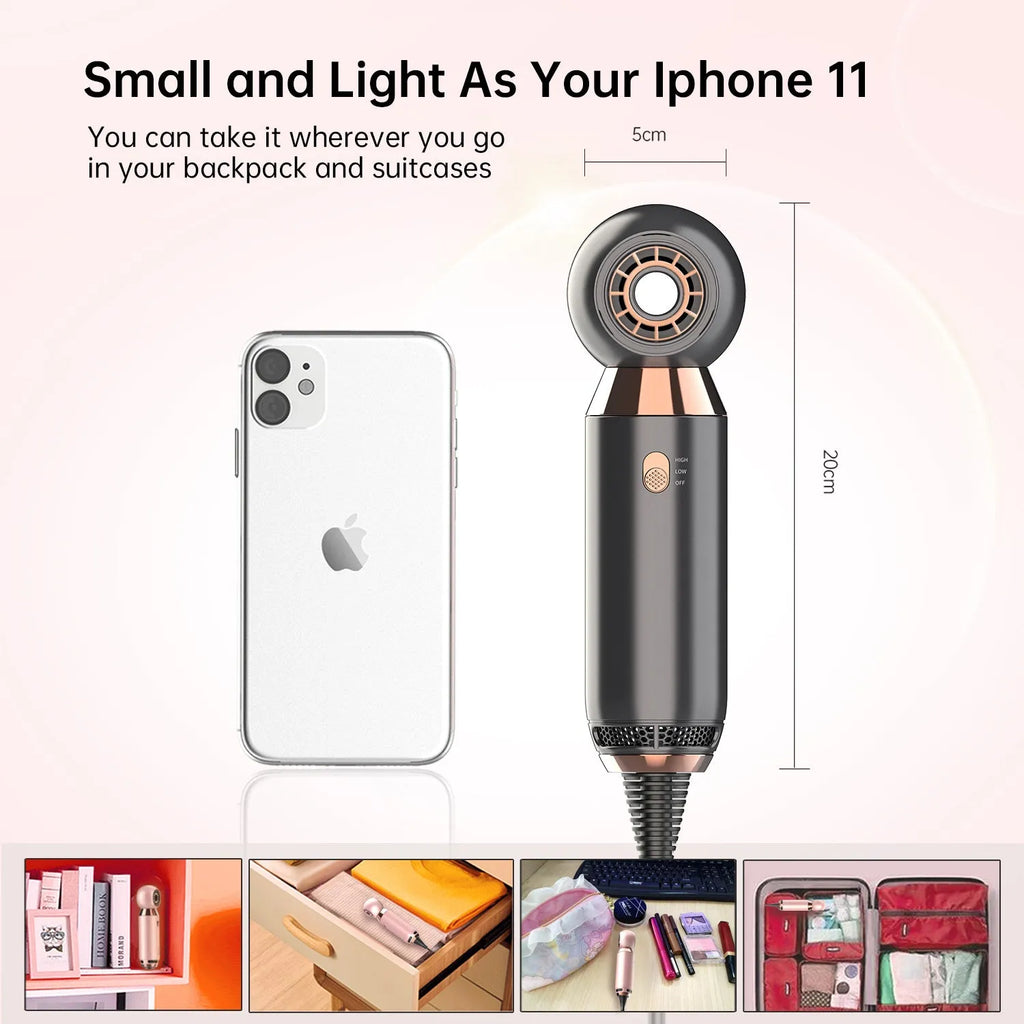 Compact leafless portable hair dryer with diffuser accessory, 20cm size, and ionic technology.
