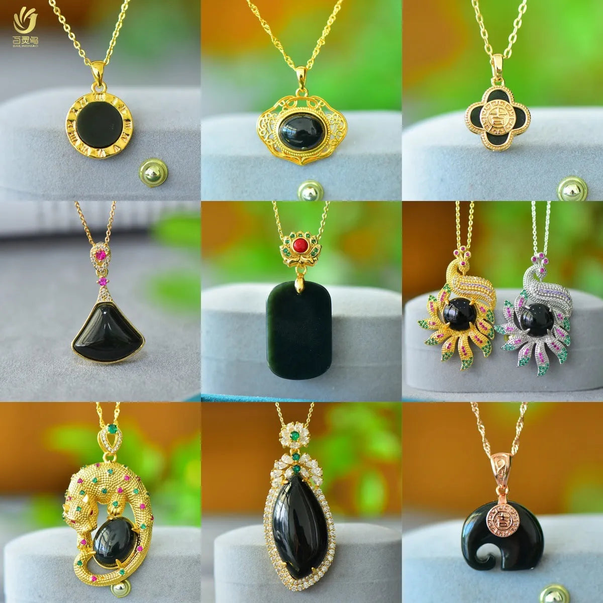 Hetian jade pendant with copper inlay on necklace chain, natural gray stone with ink blue veining