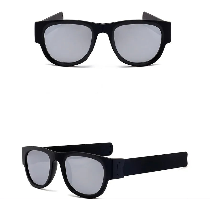 Folding bracelet sunglasses with polarized UV400 resin lens on wrist, black colour