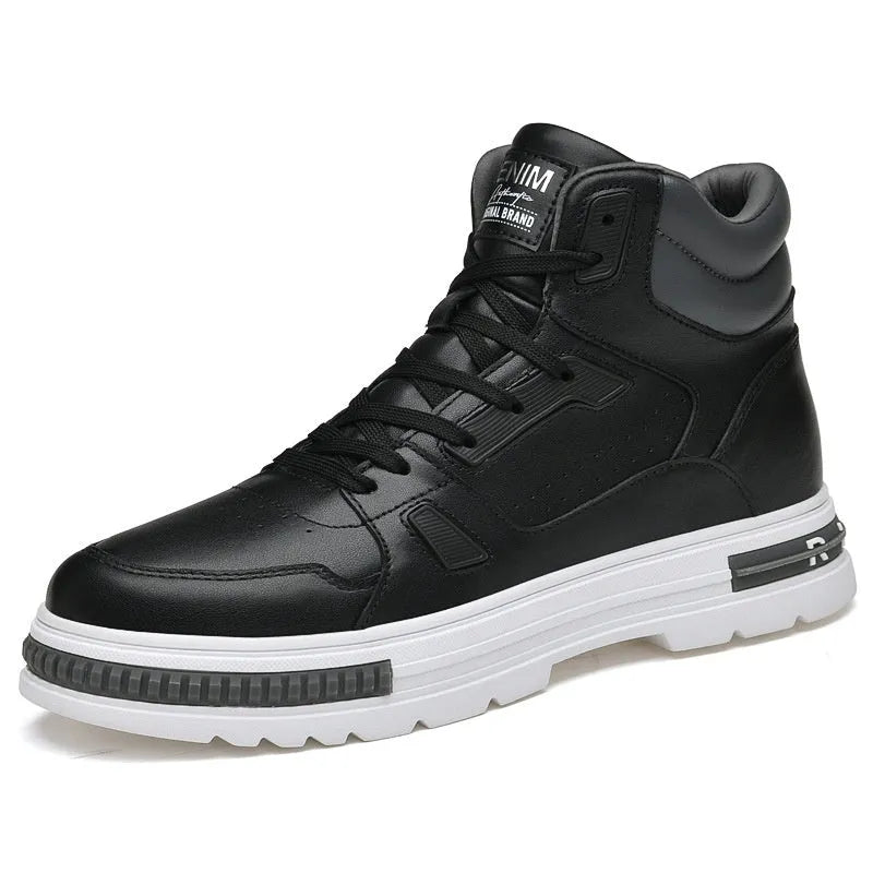 Men's mid-top Martin boots with height increasing insole, two-layer cowhide upper, black and white options
