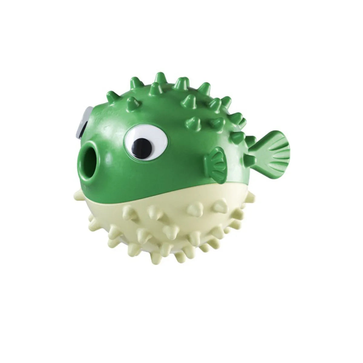 Yellow fish-shaped dog chew toy with textured surface for aggressive chewers