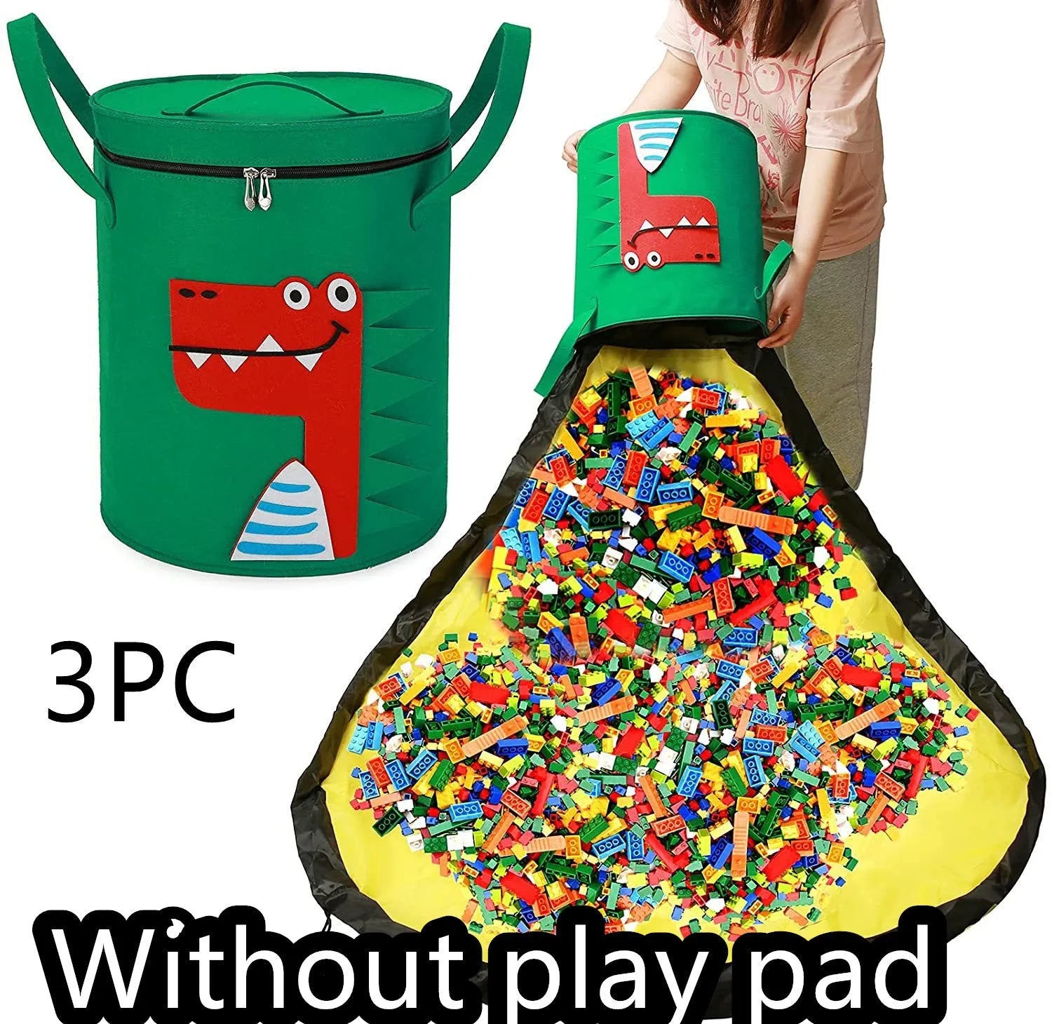 Green felt cube storage bag with pull rope, shown both as a closed bag and flattened as a play mat.