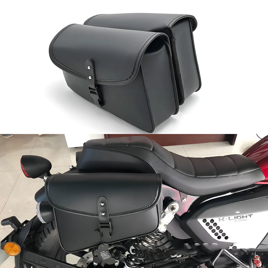 Black PU leather motorcycle swingarm bag mounted on Harley Sportster with 30x24x20cm dimensions