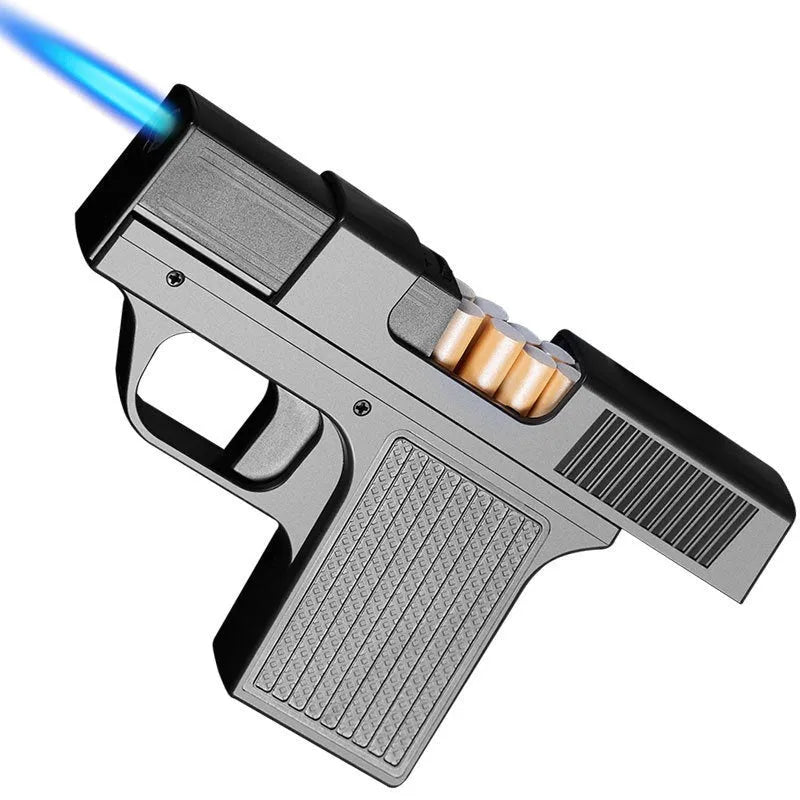 Gun-type windproof gas lighter with cigarette case, plastic body, black colour