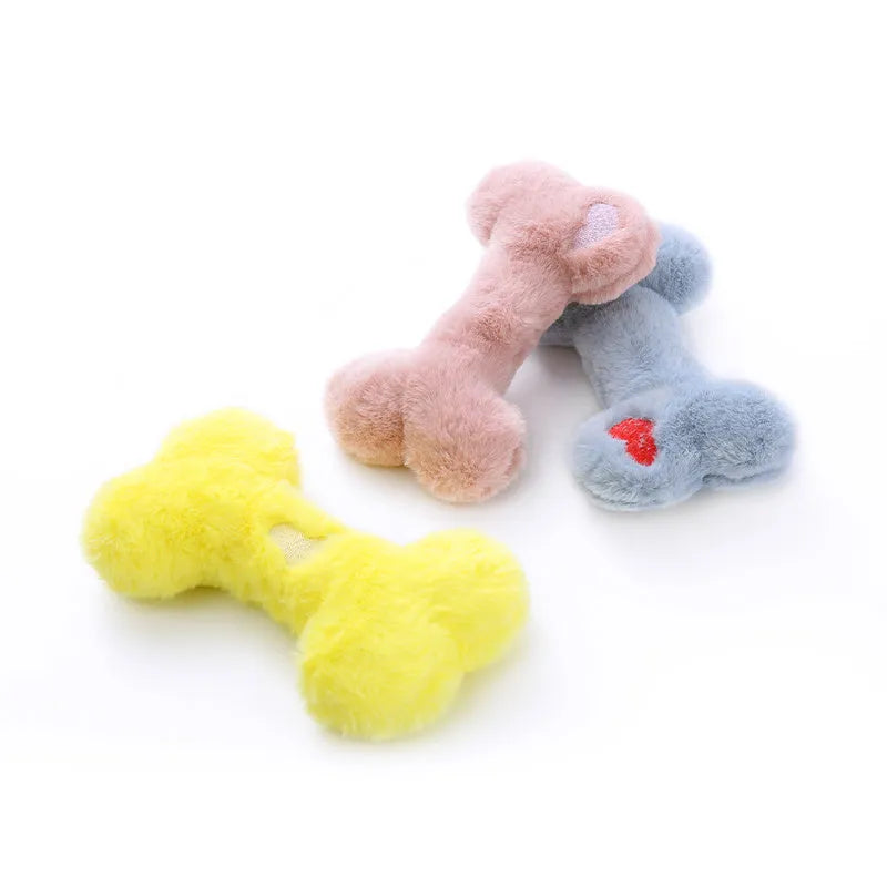 Blue love bone shaped plush dog toy with squeaker for interactive biting and chewing play