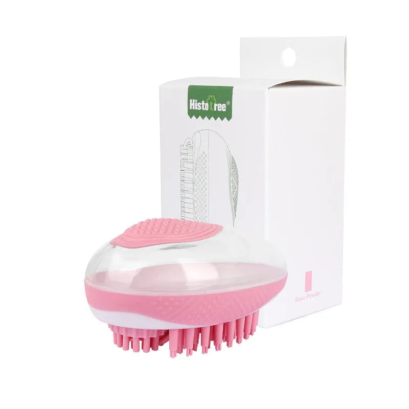2-in-1 dog cat bath brush with soft silicone bristles and non-slip grip in pink