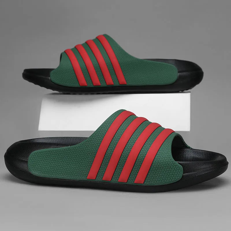 Casual unisex slippers with a PVC upper and EVA sole, shown in beige, black and white, blue and white, and green colour options.