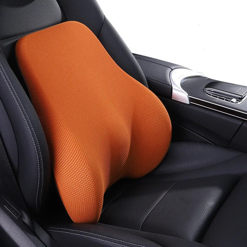Ergonomic car headrest and lumbar support cushion with BASF memory foam in breathable starry sky net fabric on a car seat