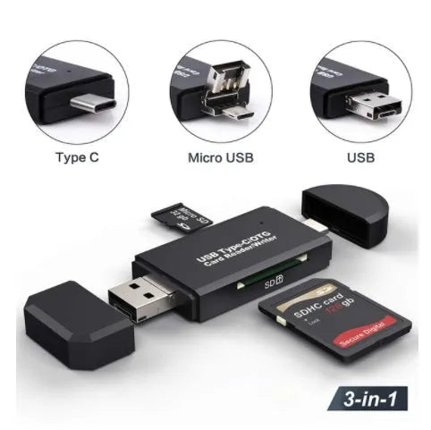 Black USB 3.0 card reader with USB-C connector for SD and TF memory cards
