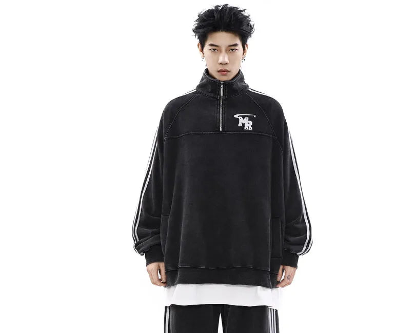 Black retro sports hoodie with a stand collar and long sleeves on a mannequin.