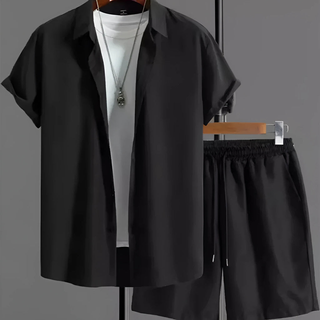 Men's black and white jacquard short sleeve suit set with matching shorts on hanger