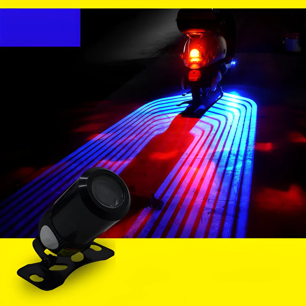 Wings projection LED lamp with aluminium housing and projection lens, for motorcycles and vehicles, available in blue, ice blue, red, or white.