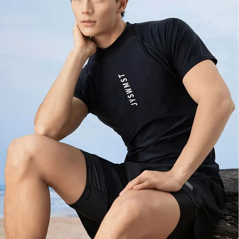 Men's plus size swimming trunks and top set in polyester fabric with pattern design