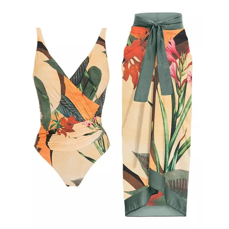 Women's solid colour one-piece swimsuit with spaghetti straps and a matching skirt