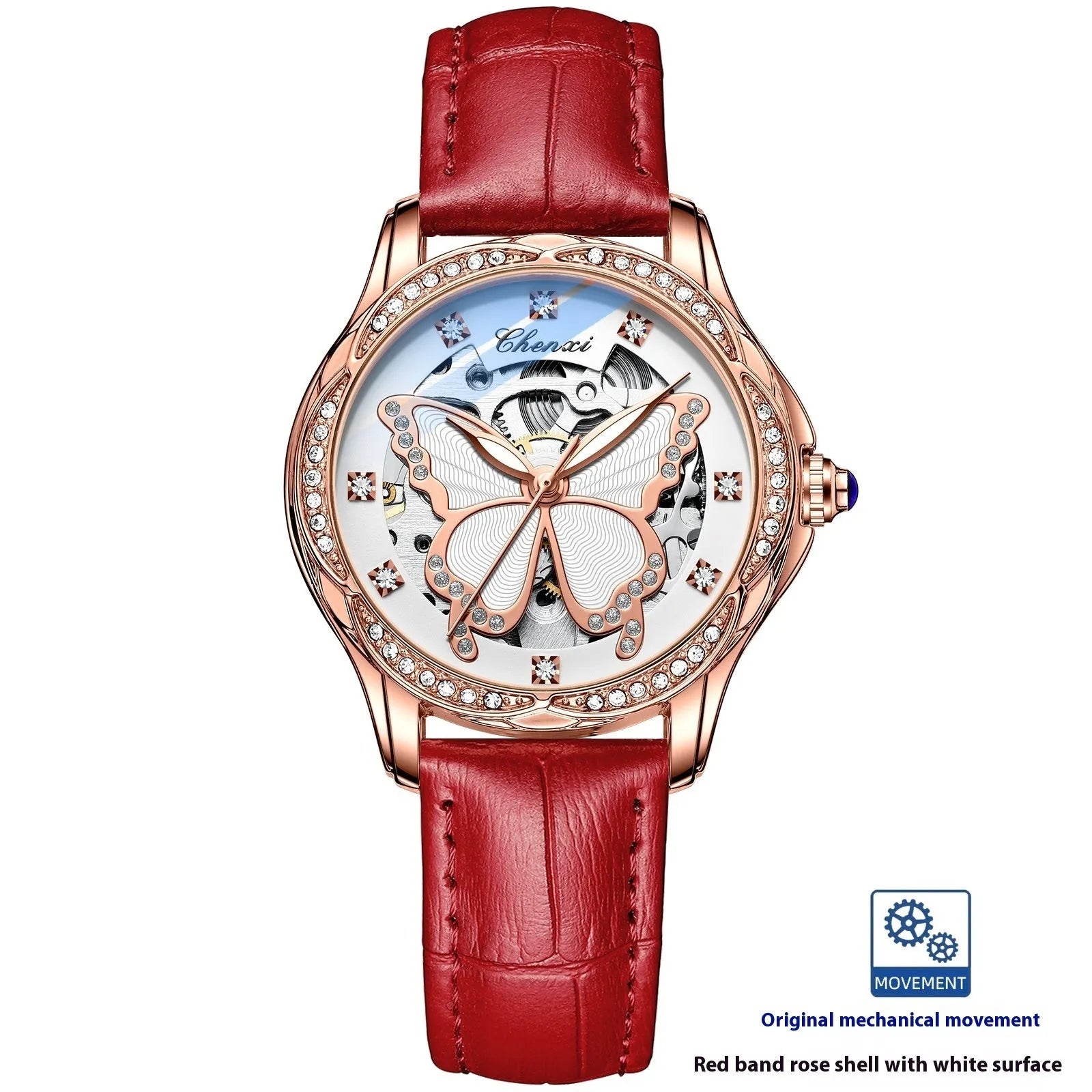 Butterfly dial diamond-embedded women's automatic mechanical watch with genuine leather strap and pin buckle on a white background