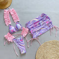 Women's pleated split bikini swimsuit with nylon fabric and spandex lining, sleeveless, in purple blue green or rose red, sizes S M L