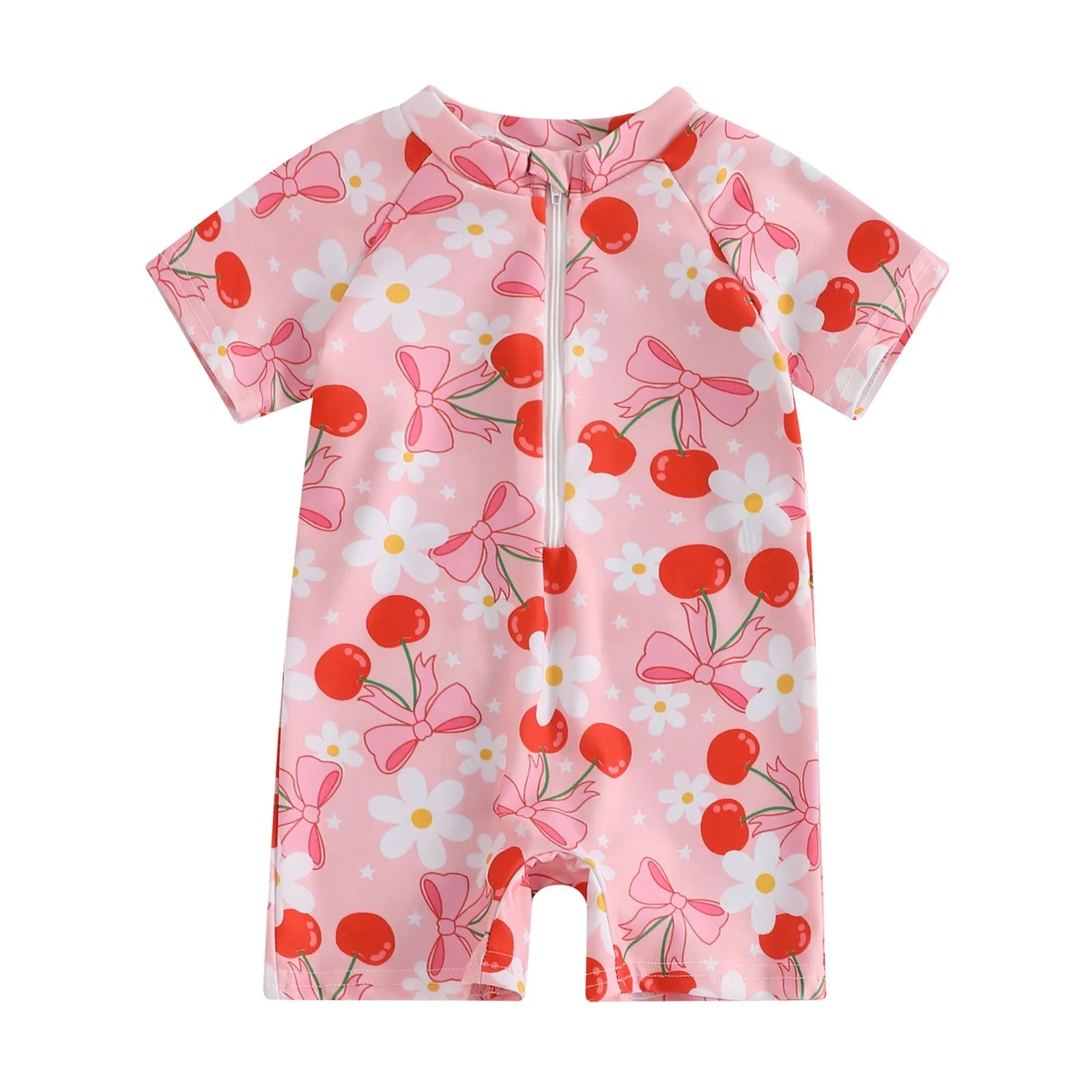 Bowknot girls' one-piece swimsuit in polyester with full cherry flower print for babies