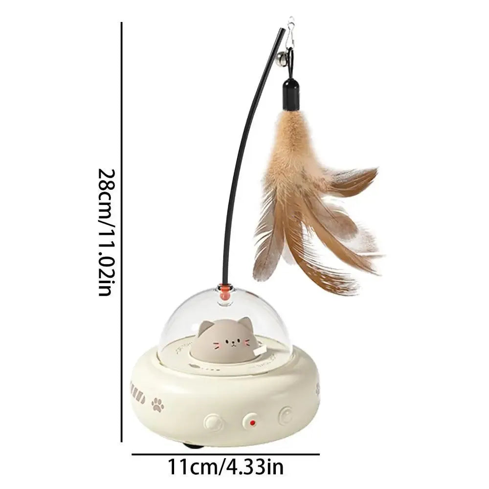 Pink or white rechargeable electric cat toy with feather teaser wand, 360 red light beam, ABS body, 11.5x11x28cm