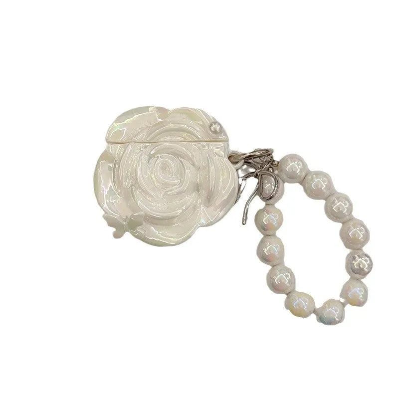 Laser pearlescent white camellia silicone earphone case for Apple AirPods with lanyard