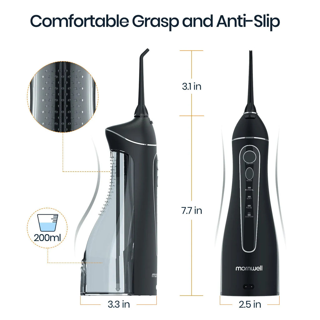 Black portable oral irrigator with water tank and nozzle for dental cleaning