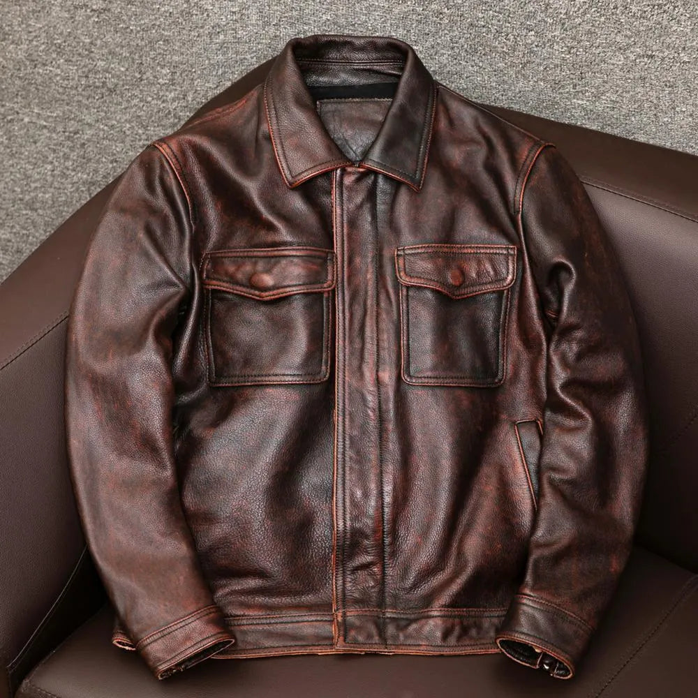 Men's black plus size loose fit PU leather jacket with lapel collar and side pockets.