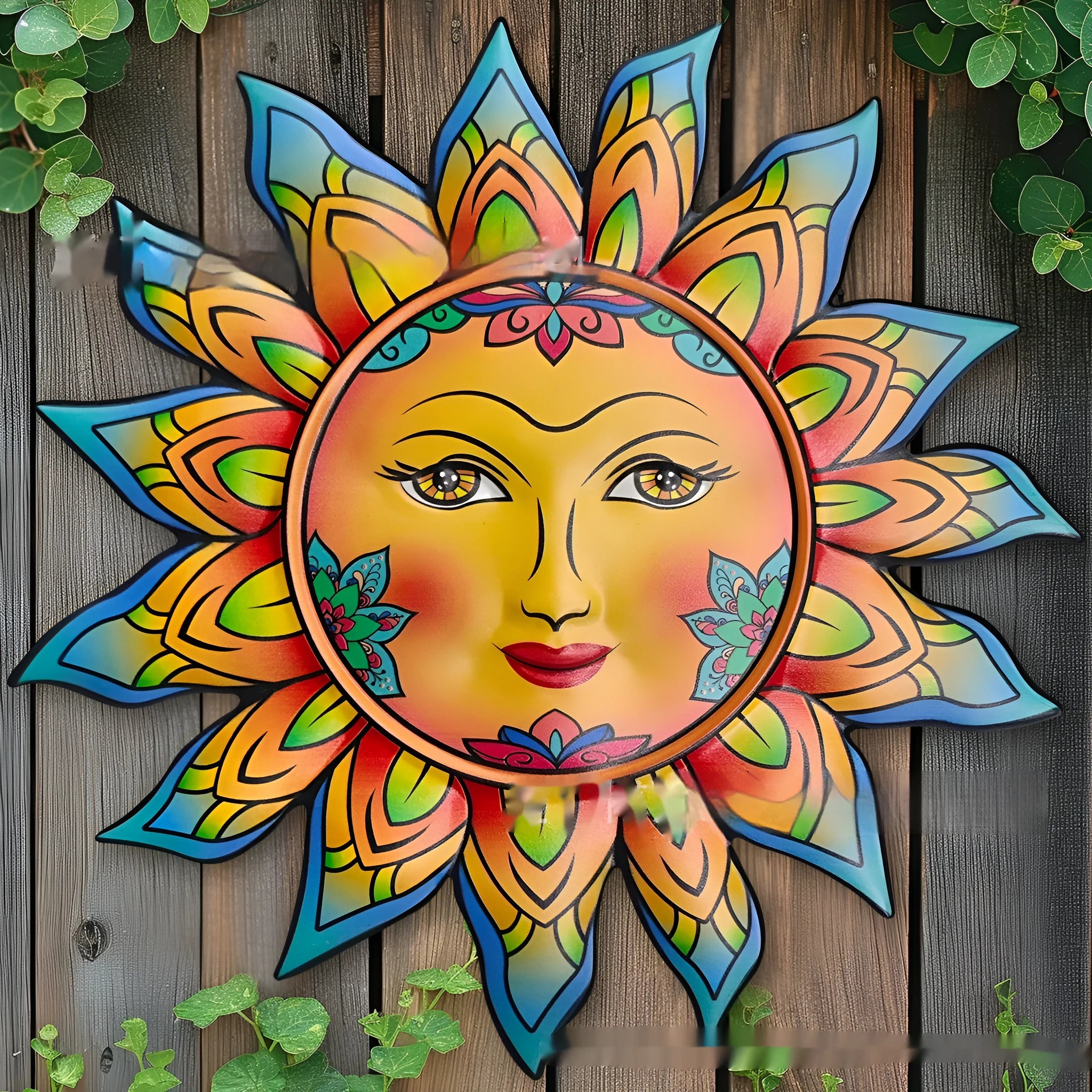Iron sun face metal wall hanging decoration in one of five colour options.