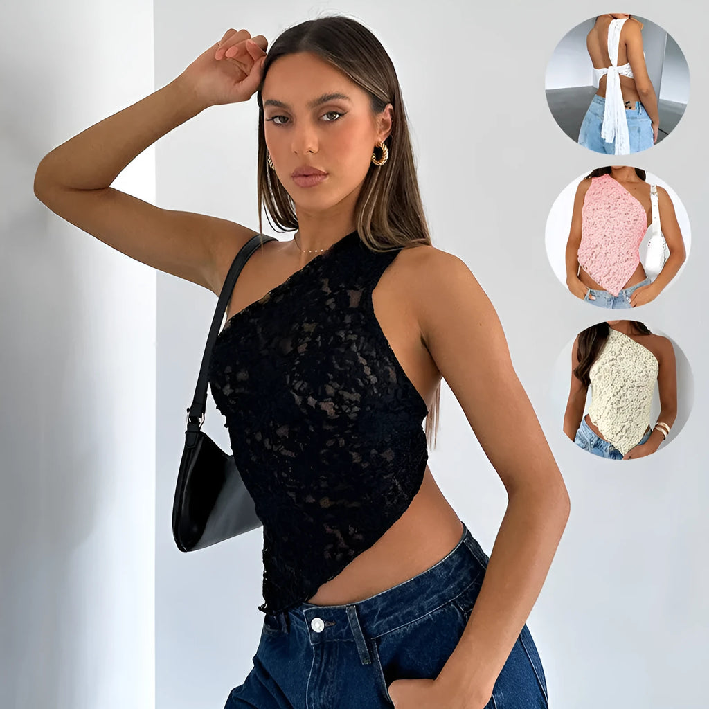 Women's apricot lace backless sleeveless vest top with asymmetrical neckline on a hanger.