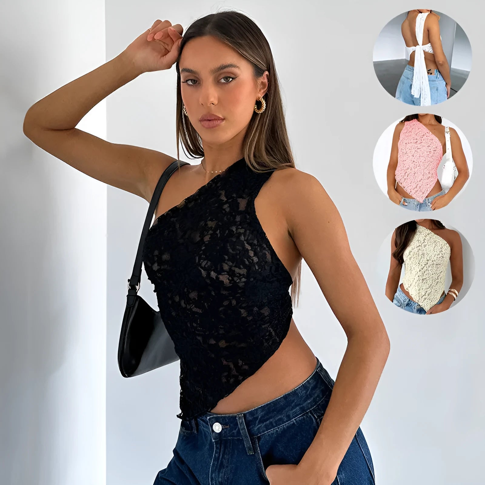 Women's apricot lace backless sleeveless vest top with asymmetrical neckline on a hanger.