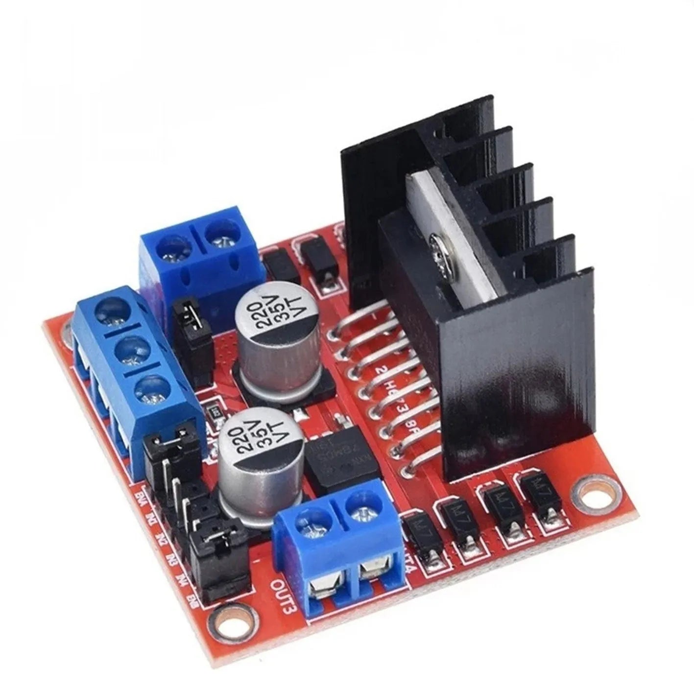 L298N motor driver module board with dual H-bridge configuration for DC and stepper motor control