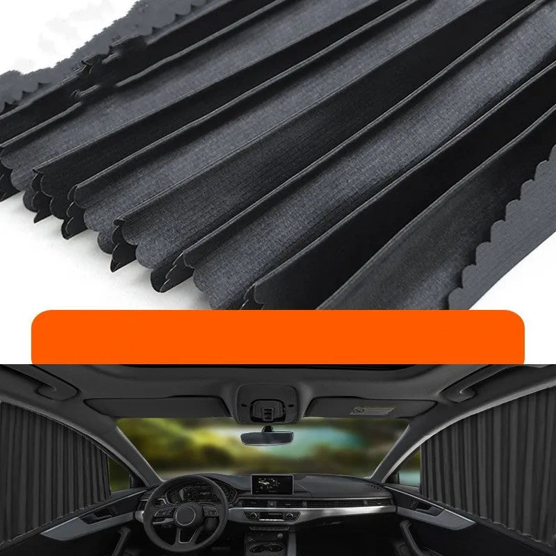 Retractable car sunshade curtain with roller shutter mechanism in thick opaque cloth material
