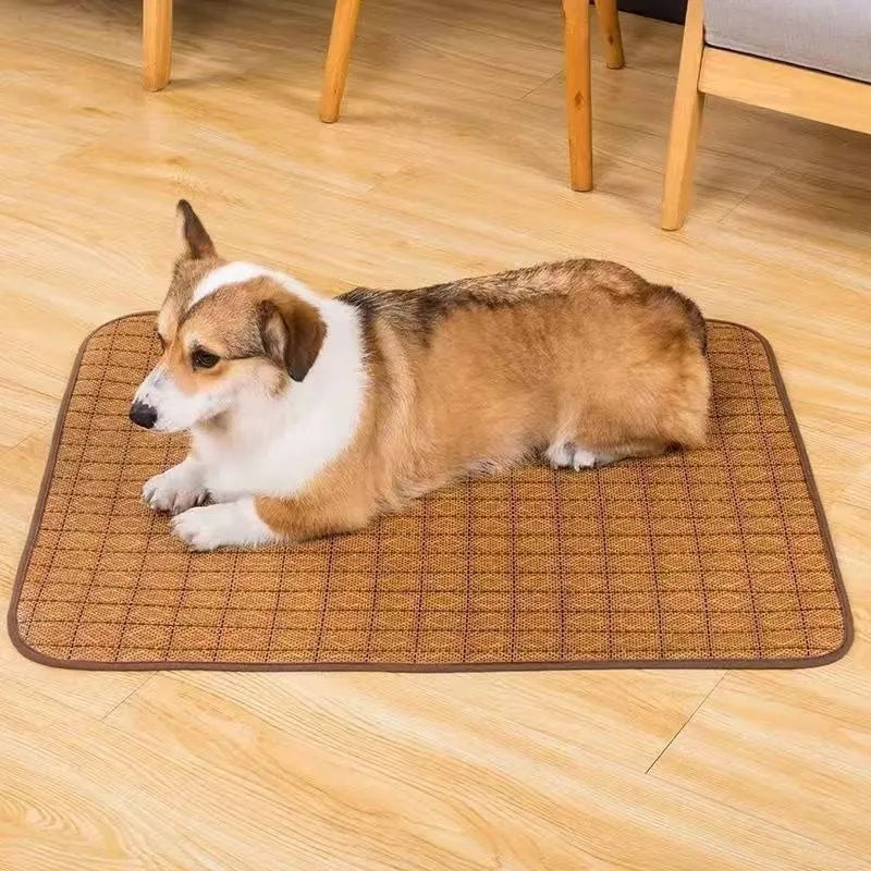 Brown woven rattan cooling mat for dogs available in six different sizes