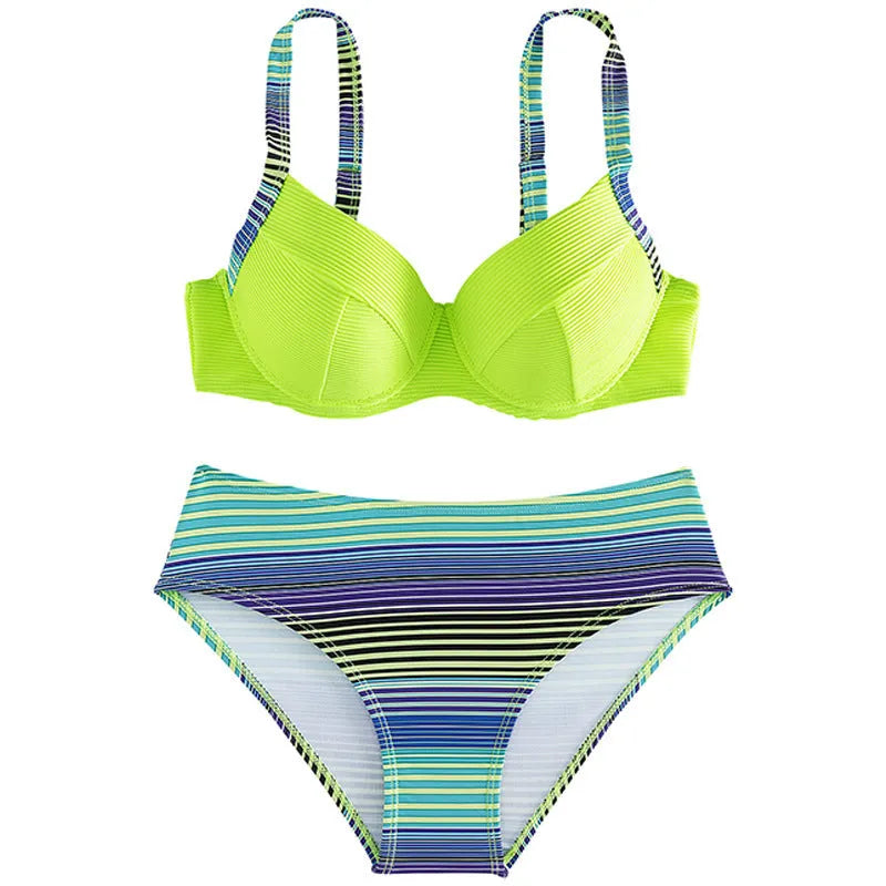 Green printed halter bikini set for women with split briefs