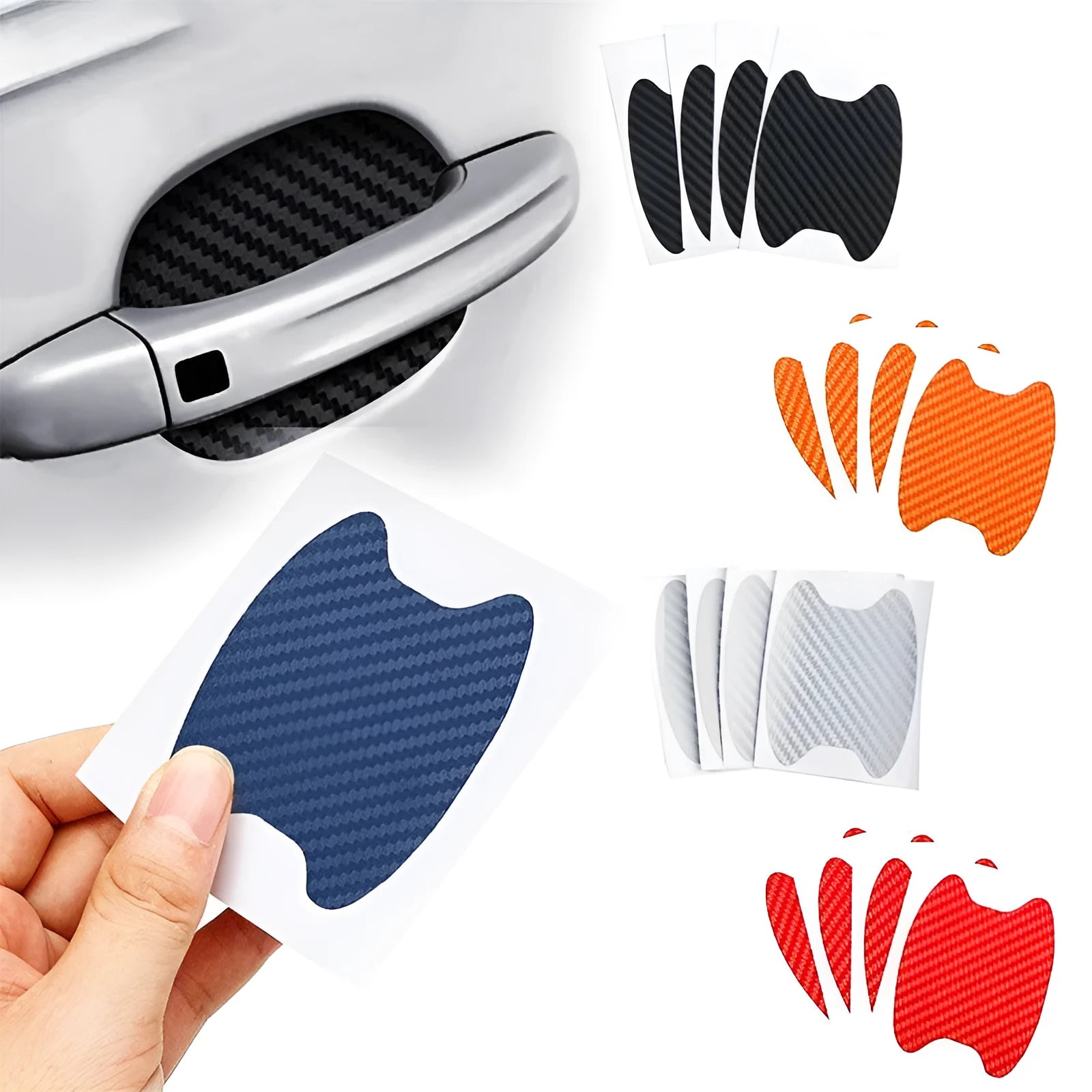 4-piece carbon fibre car handle sticker set in black for scratch-resistant door handle protection