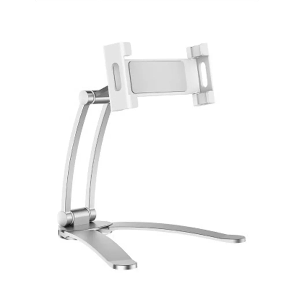Silver aluminum alloy desktop stand holding a tablet at an angle, showing its adjustable clip and 360-degree rotation base.