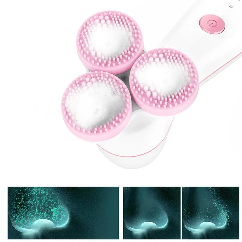 Three round 3D silicone facial cleansing instrument with double cleaning action, V-shaped muscle fit design, blue or pink
