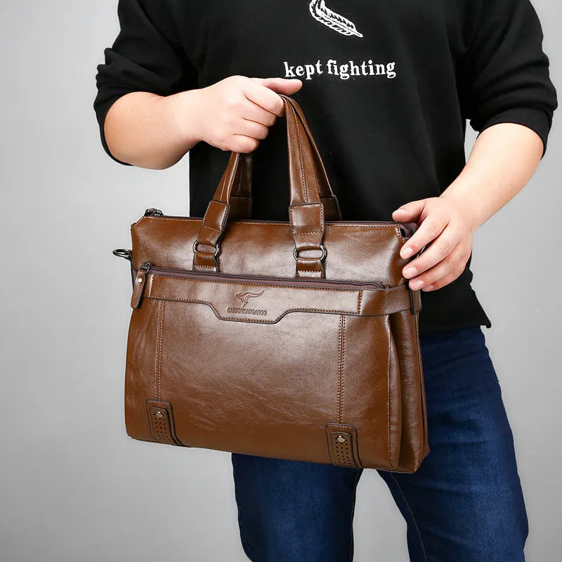Men's PU leather 14-inch business shoulder bag in black, brown or khaki with three straps and multiple pockets