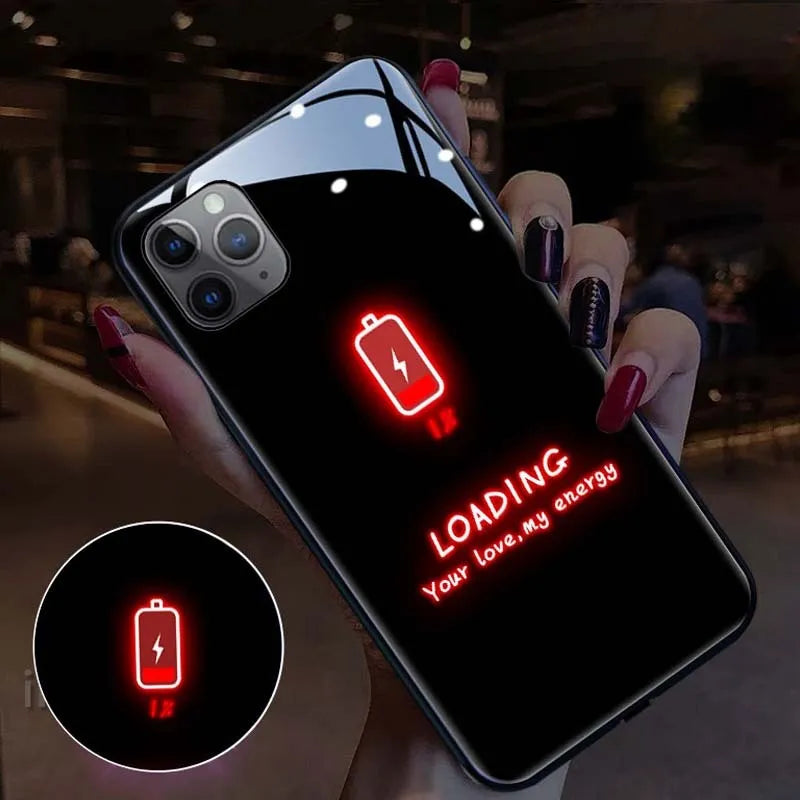 Compatible Apple iPhone LED phone case with tempered glass back glowing with pink and purple lights