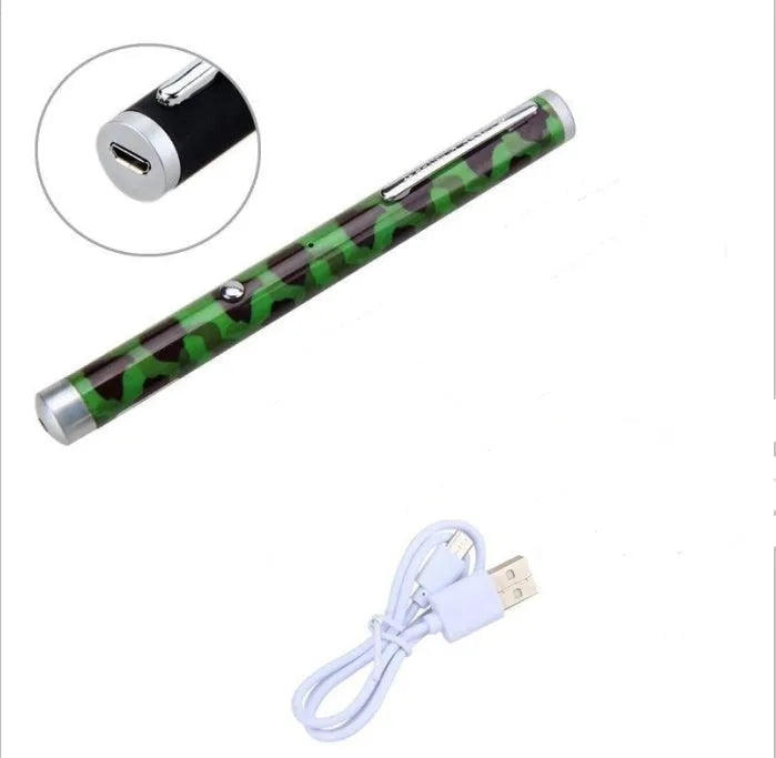Green laser pointer pen in black, camouflage, or white with a 5mW output and durable construction