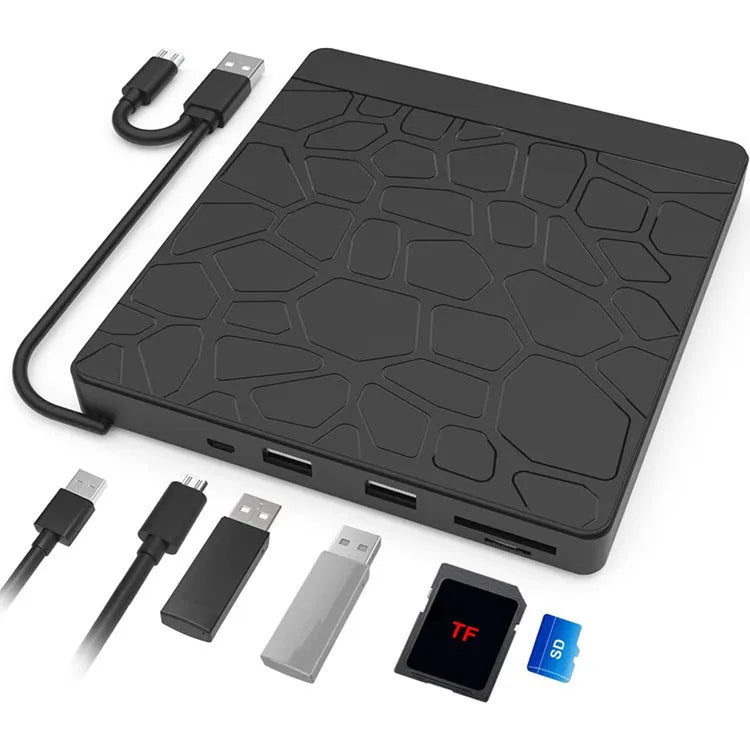 Black 5-in-1 external optical drive for notebook computer with dual interface, size 15.4x14.3x1.8cm
