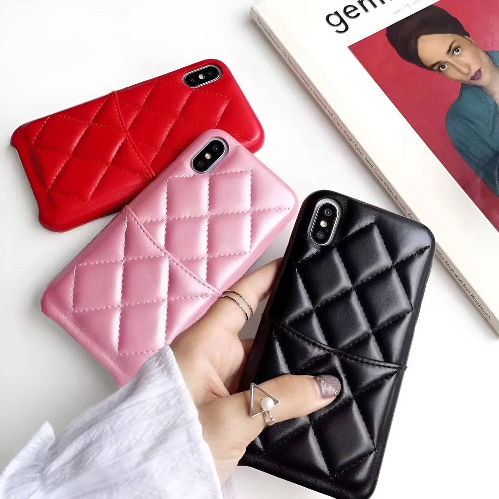 Leather mobile phone case for iPhone, shown in black, pink, and red colour options.