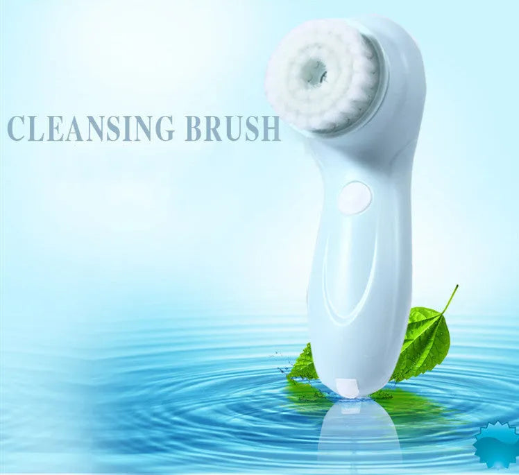 Waterproof face wash cleansing instrument in blue with brush head, sponge, and base for daily exfoliation