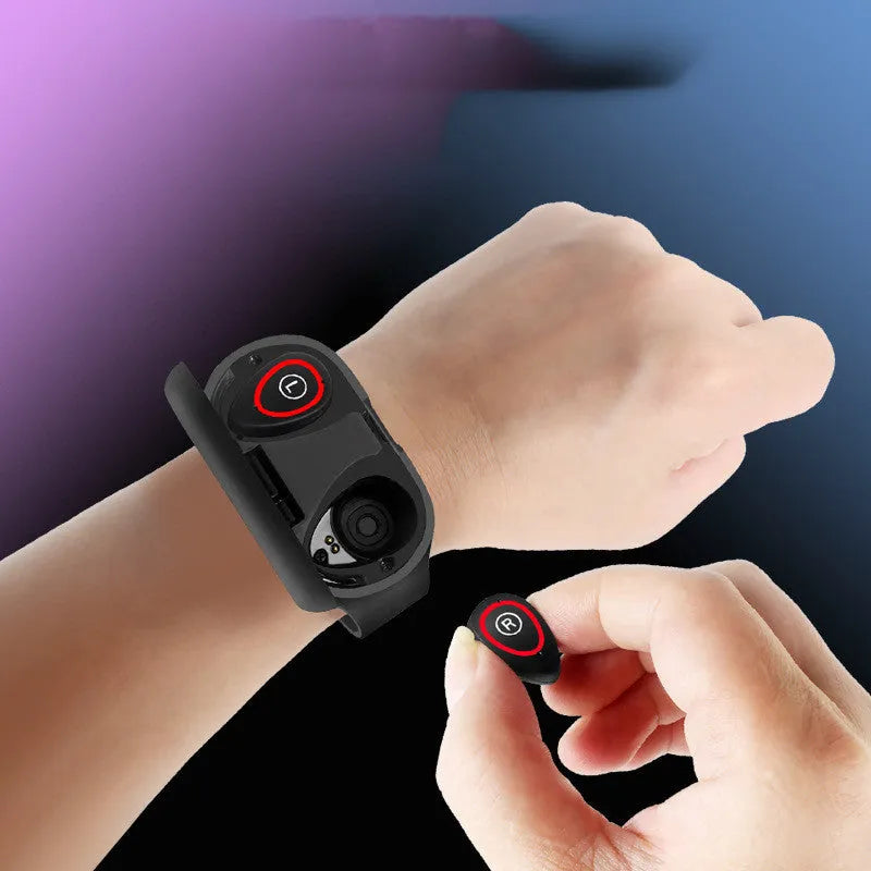 Smart bracelet and earphone combo in blue, black, or red with a 1-inch colour screen and silicone wristband.