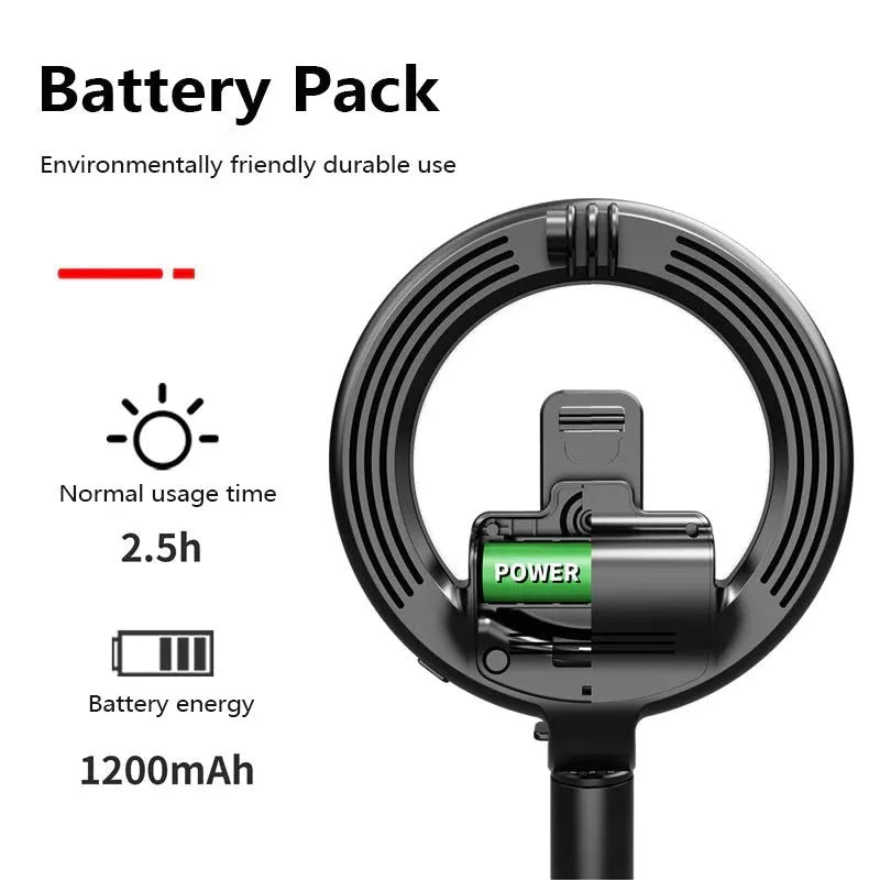 Black selfie stick tripod with 5 inch ring fill light, aluminium alloy pole, and Bluetooth remote for phones 4.0-6.2 inches